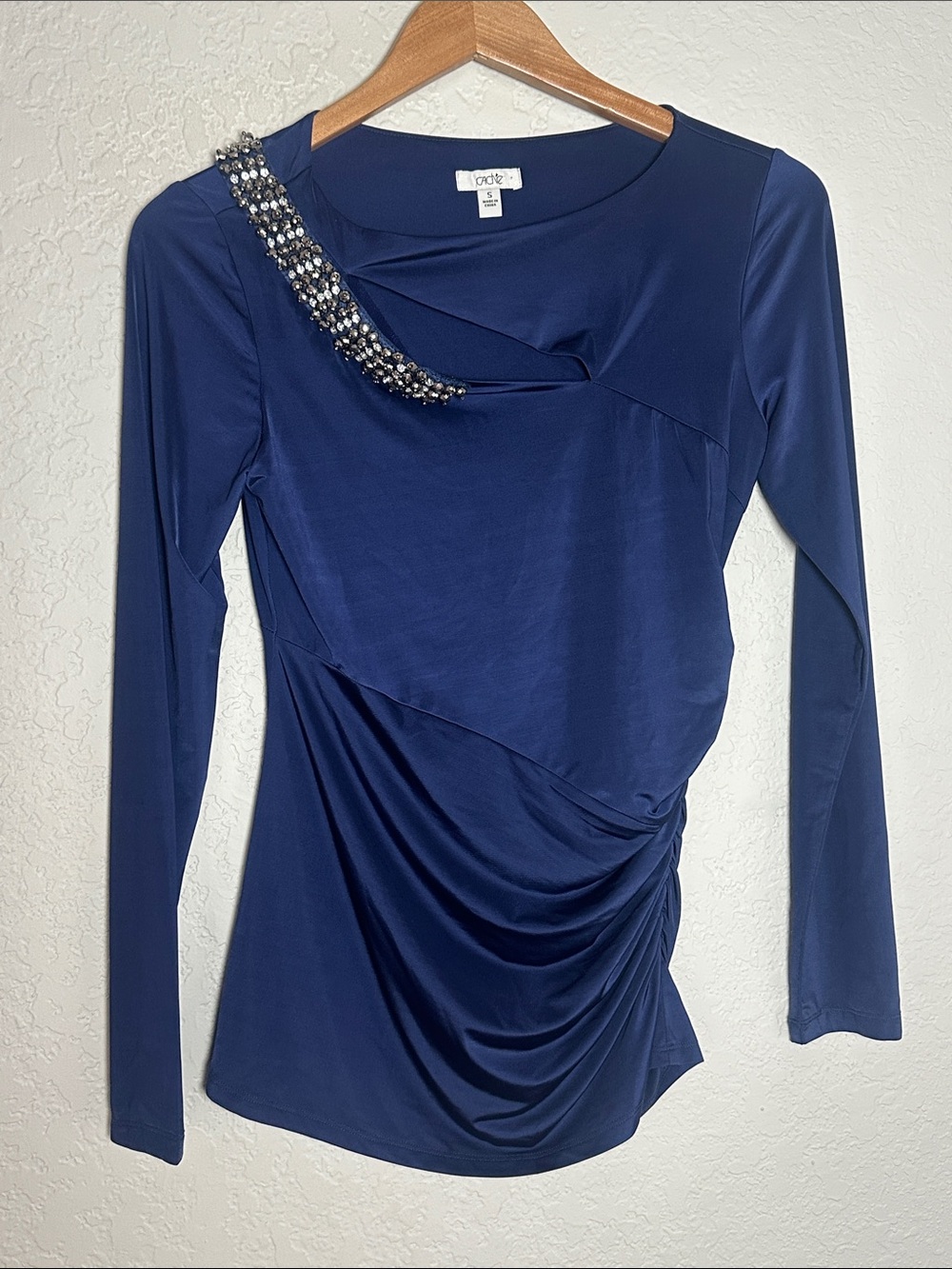 Vintage Cache Navy Blue Ruched Top Silver Rhinestones Glam Cocktail Evening Sexy